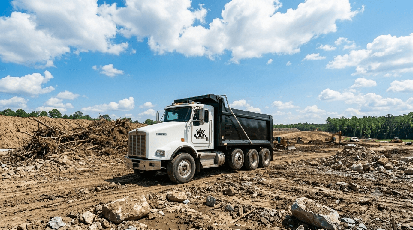 A King Bailey Trucking dump truck working on an active job site near Charlotte, NC